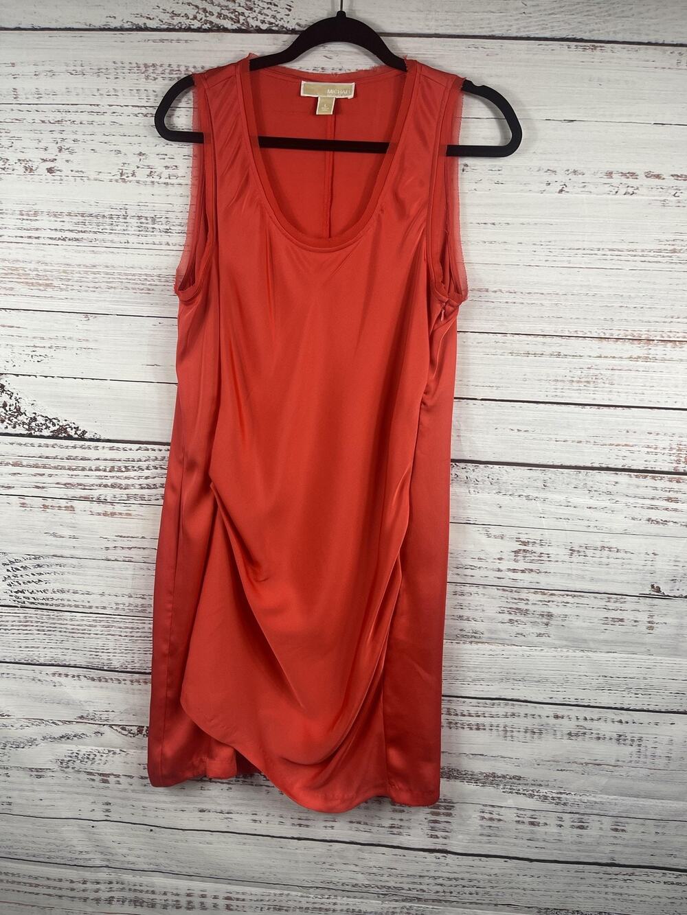 MICHAEL Michl Kors Women's Size Large Orange Satin Ruched Scoop Neck Shift Dress